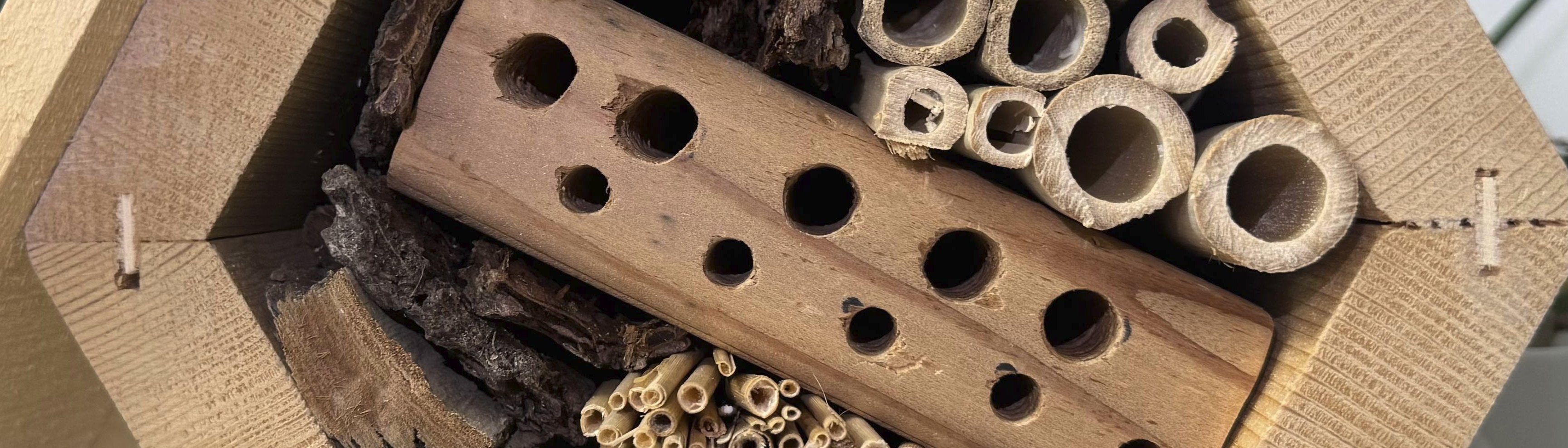 Dettaglio bug hotel - materiali naturali e cavità per insetti impollinatori